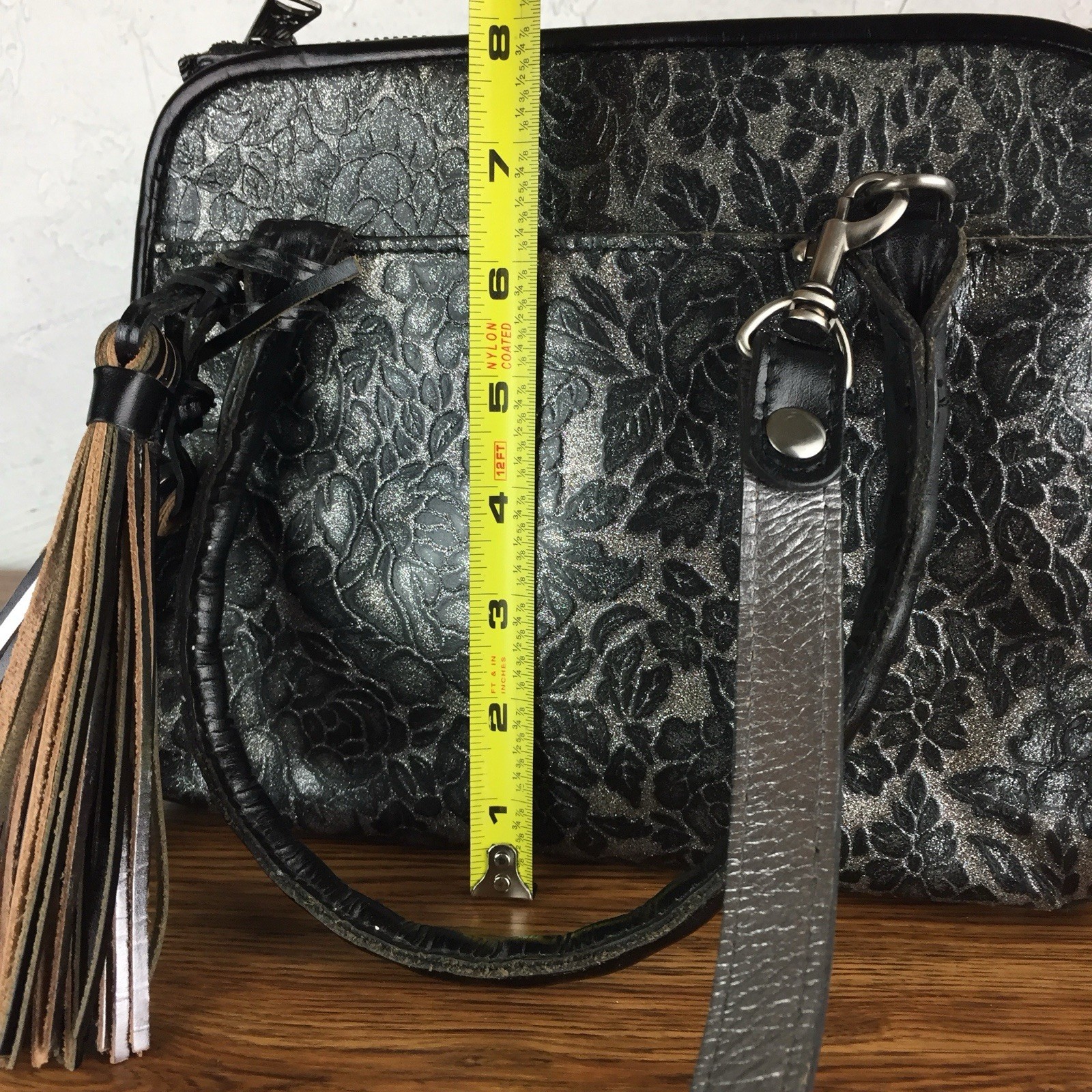PATRICIA NASH Small Paris Glitter Rose Leather Satchel Crossbody Tassels