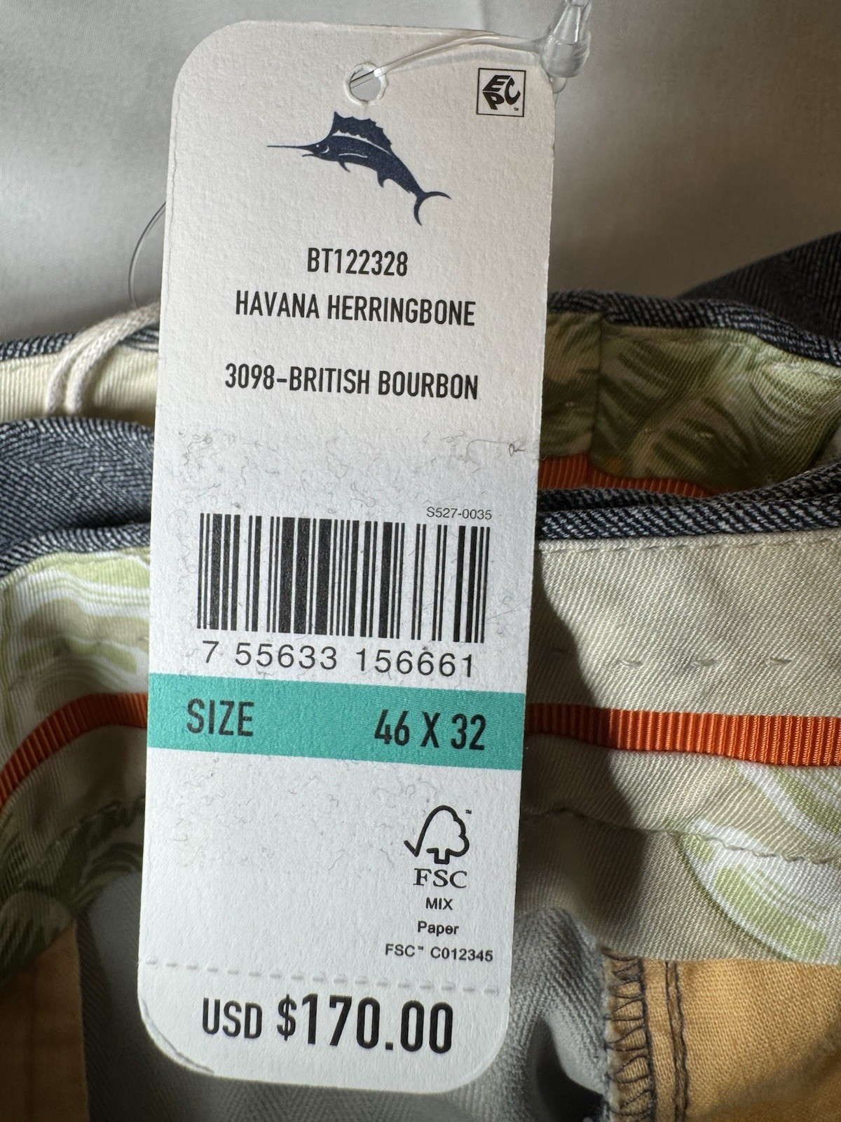 Tommy Bahama Mens Havana Silk Blend Herringbone Chinos 52 X 32 (meas. 54 X 32)