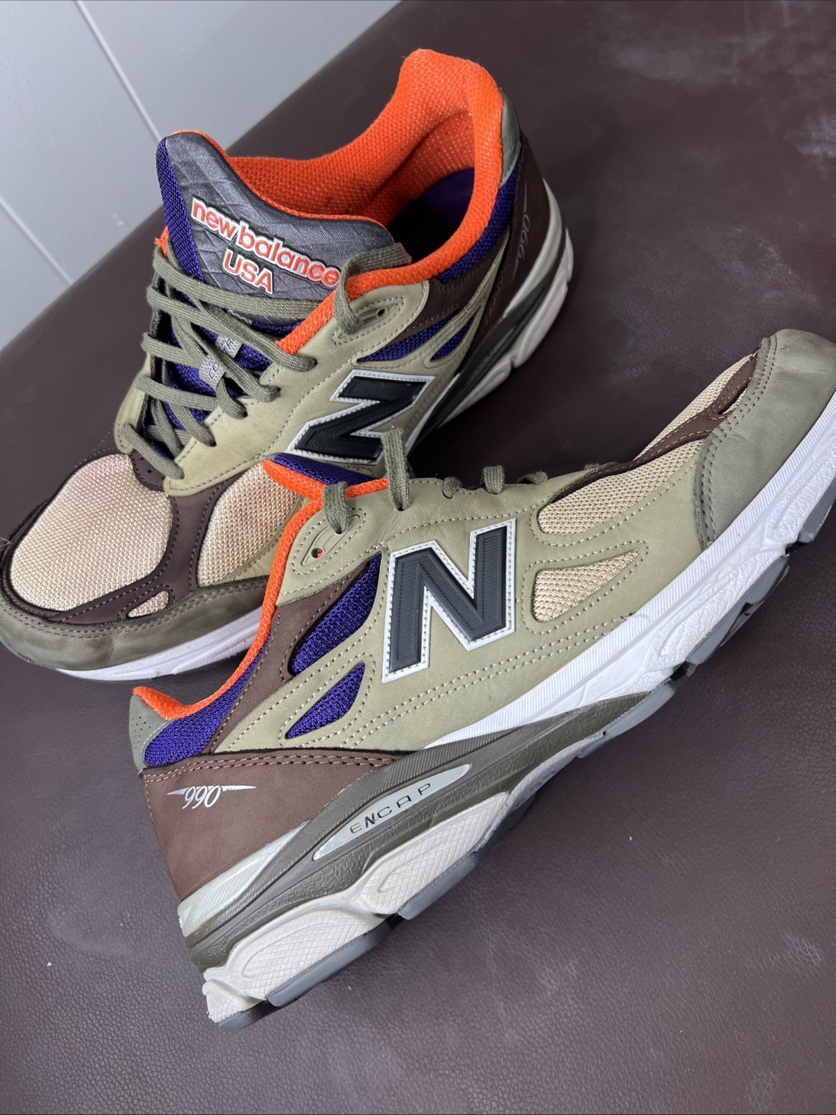 New Balance 990v3 Made in USA Teddy Santis Khaki Orange Sz 14 Men M990BT3