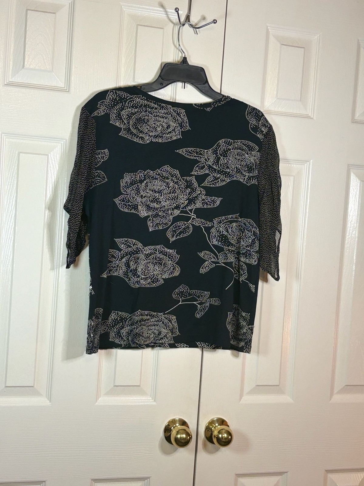 Bila Woman’s Black Navy Blue Sequin Embellished Paisley Floral V-Neck Top