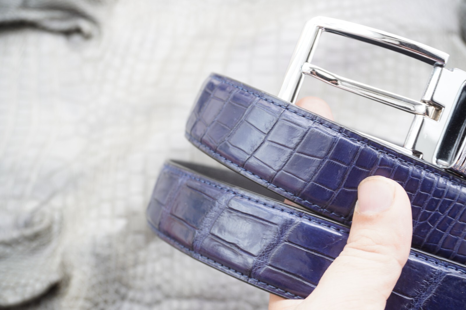 W1.3 inch Blue Real Crocodile Belly Leather Skin Men’s Belt Pin Buckle #L52