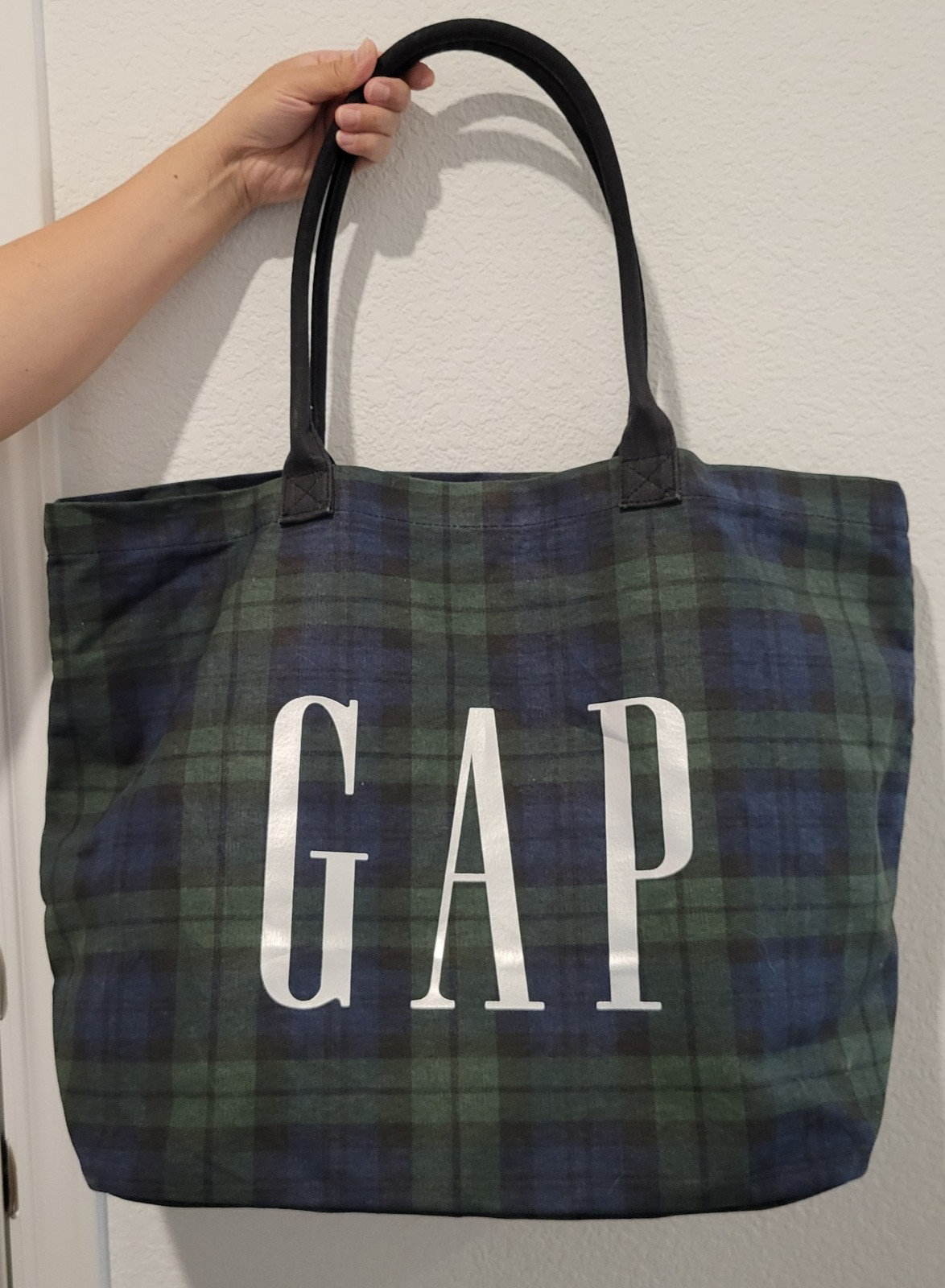 Gap Tote Bag Tartan Plaid Green Silver Logo Cotton 16 x 11 x 4.5 inches
