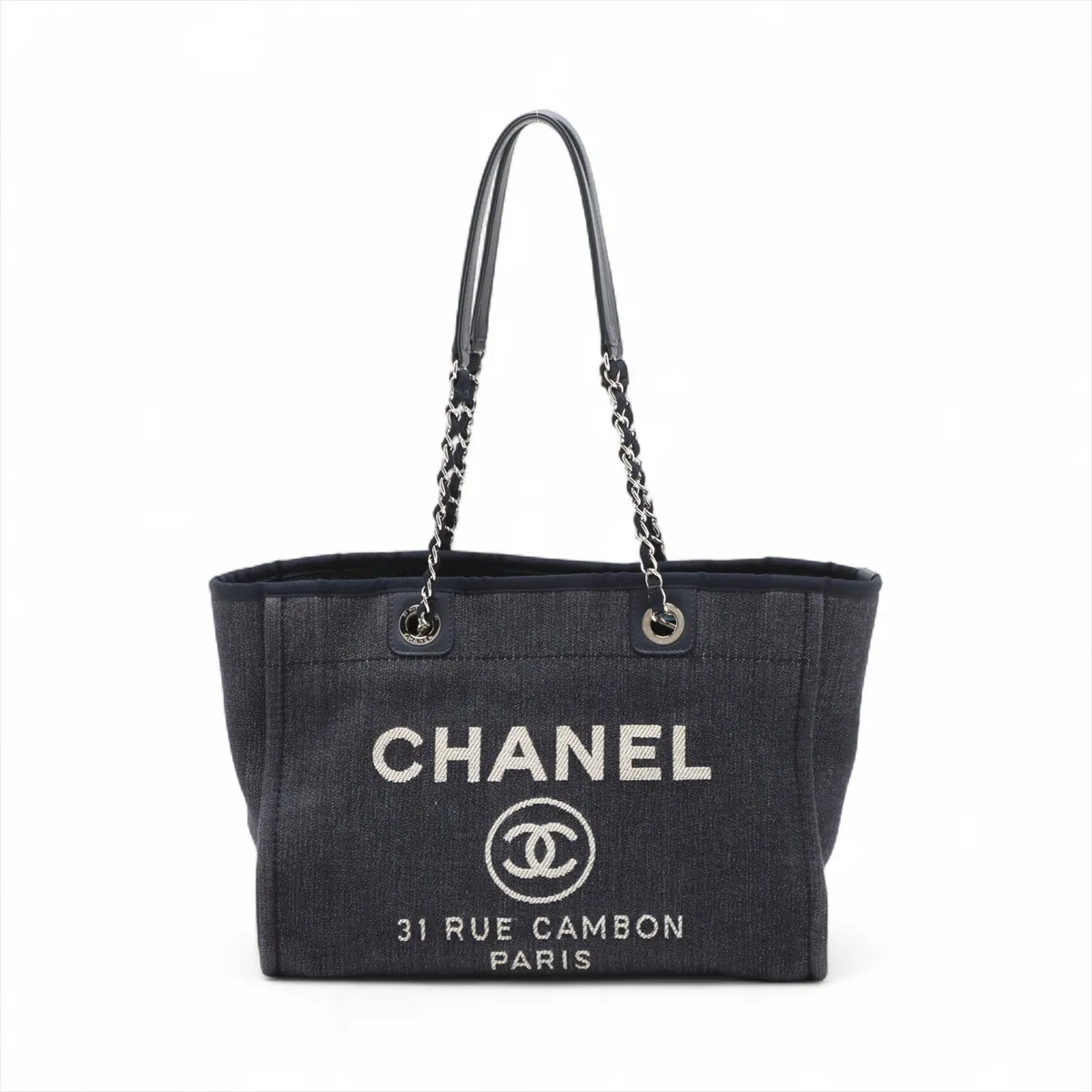 Chanel Deauville MM Denim Chain Tote Bag Navy Blue Silver Metal Fittings 23XXXXX