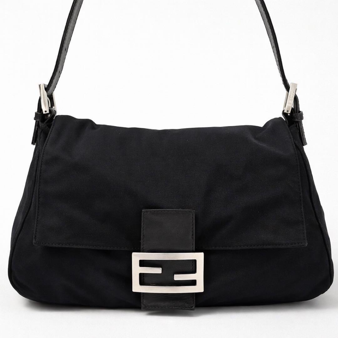 FENDI Mamma Baguette 26325 Shoulder Bag Black Leather Cotton Jersey