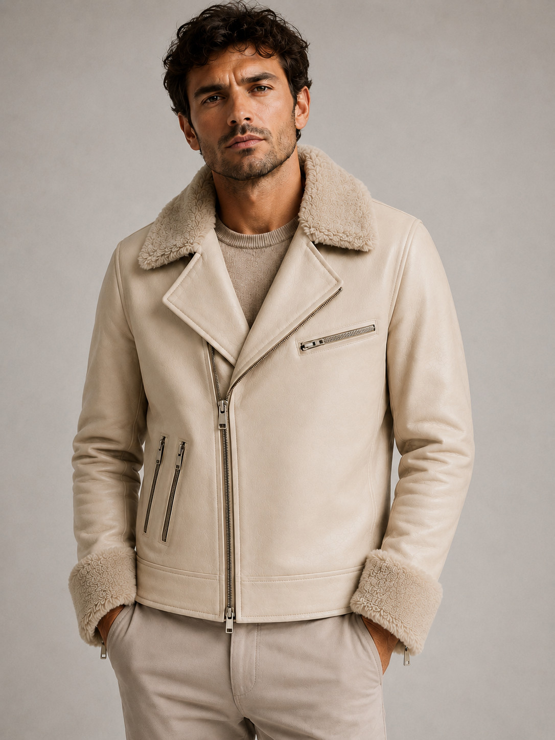 Mens Cream Leather Jacket – Shearling Collar – Biker Moto Slim Fit – Winter Coat
