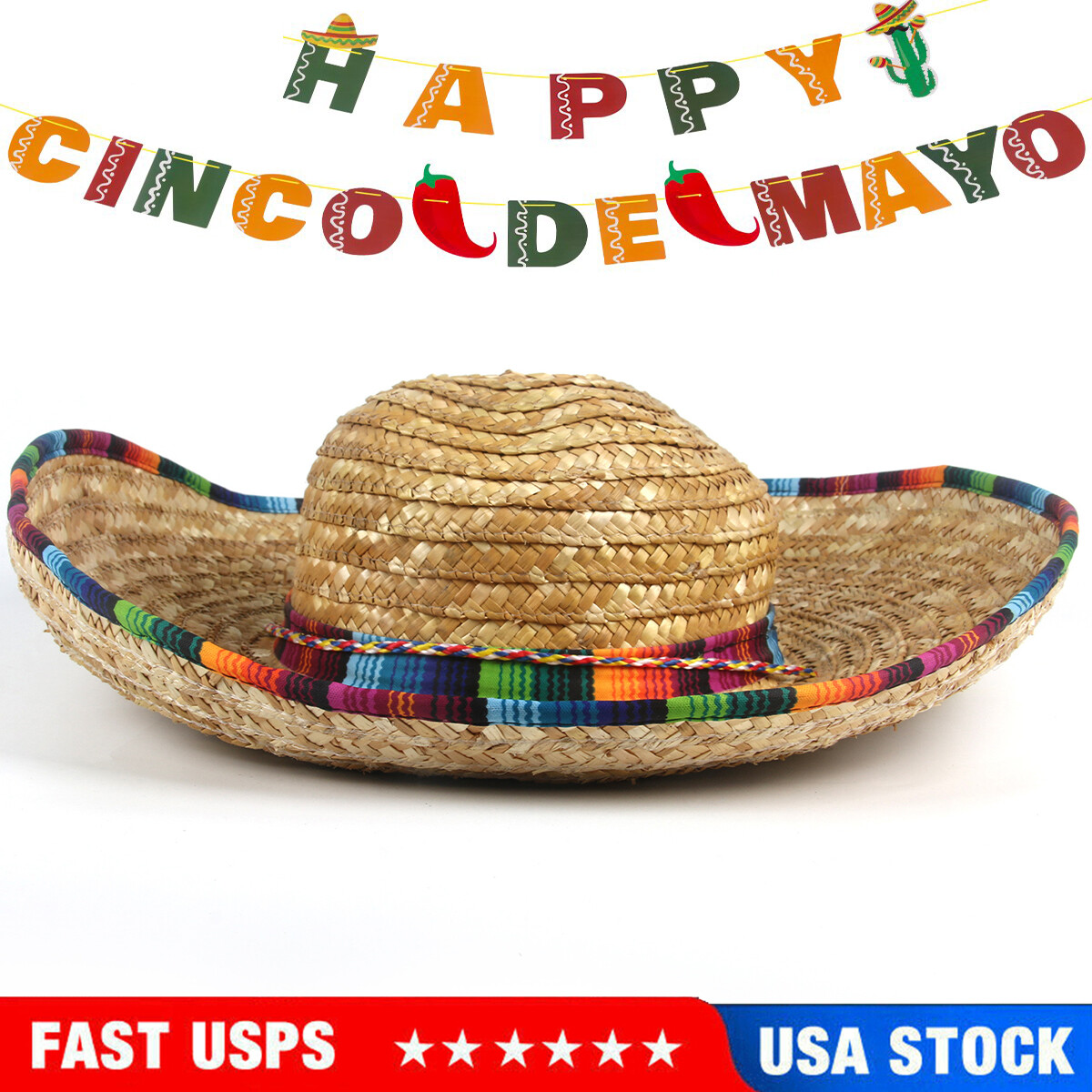18in Mexican Sombrero Straw Hat with Serape Trim for Cinco de Mayo Costume