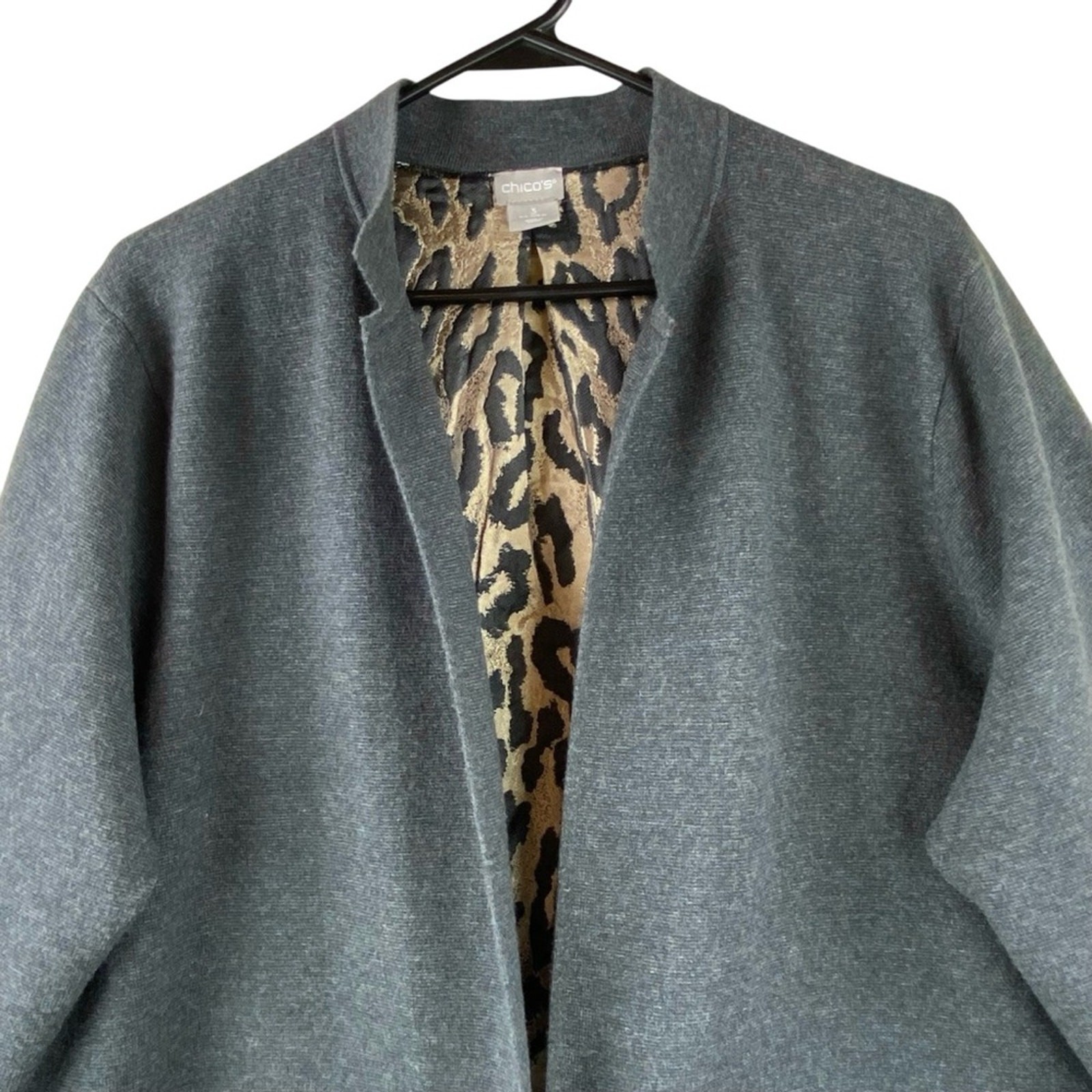 Chico’s Open Front Cardigan Sweater Size 16/XL Gray Front Metallic Leopard Back