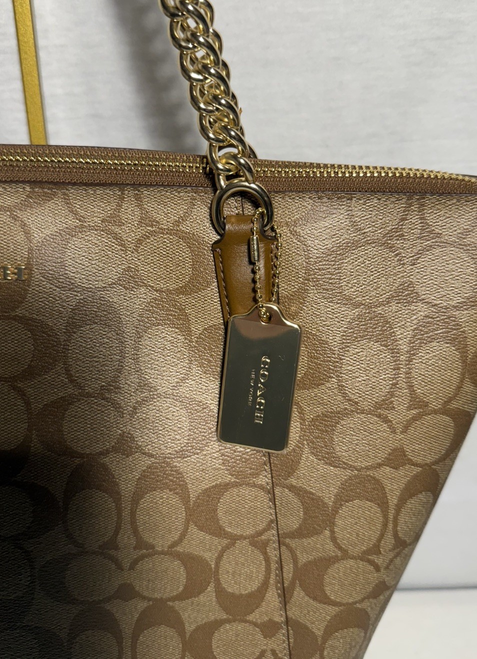NEW NWT Coach Signature Ava Chain Tote Handbag Purse Khaki Shoulder Bag #23526