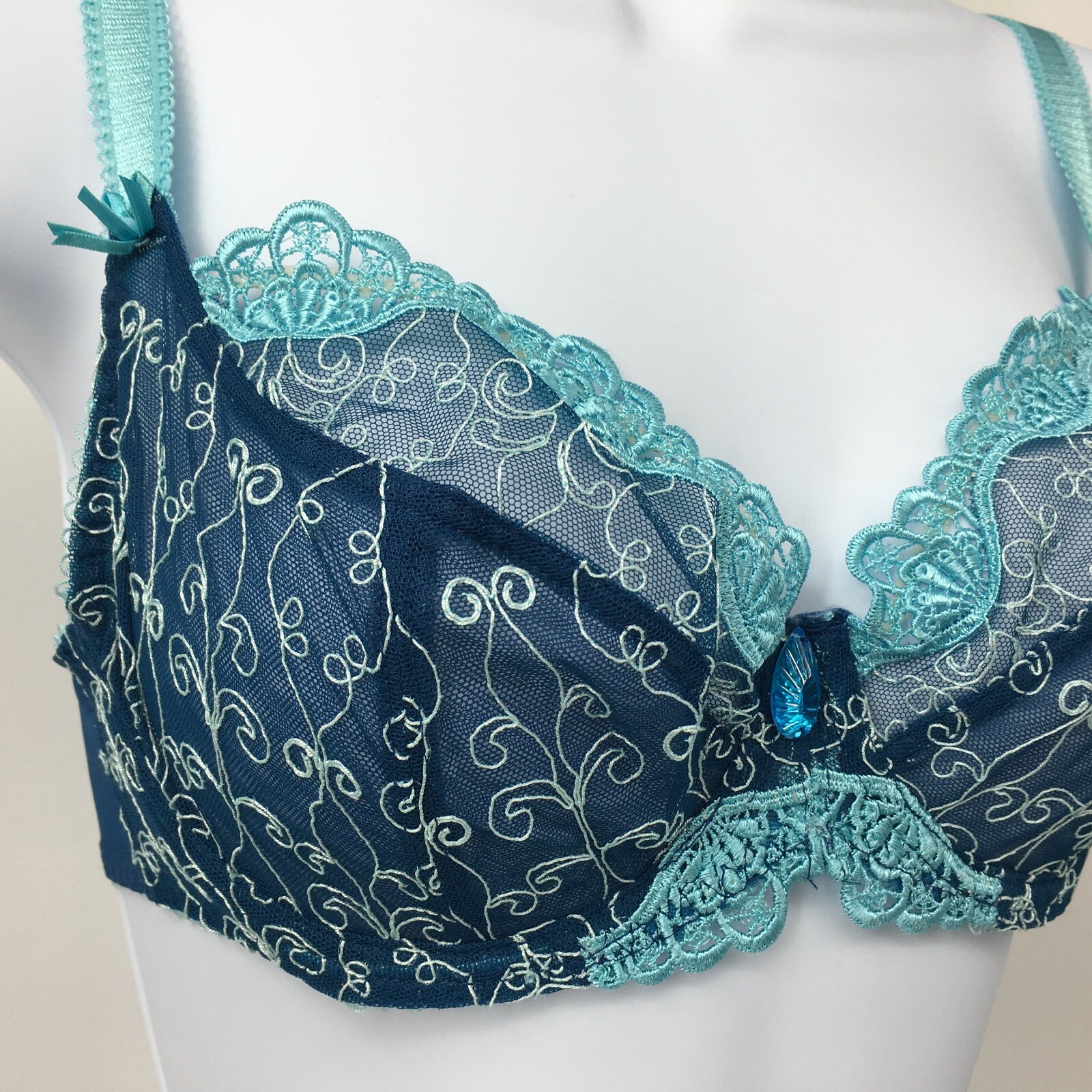Ruby Pink KEIA Blue Embroidered Lace Sexy Lingerie Sheer Underwire Bra