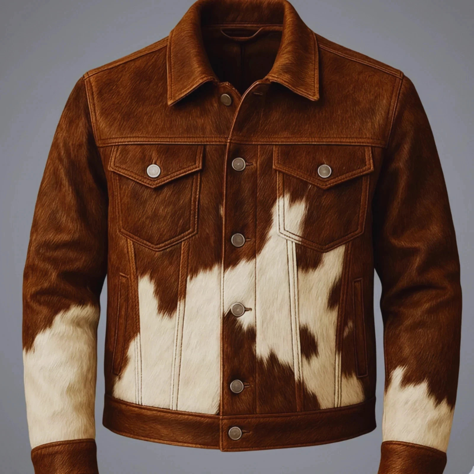 Men’s Cowhide Hair-On Jacket Real Pony Skin Natural Brown and White Hide Jacket