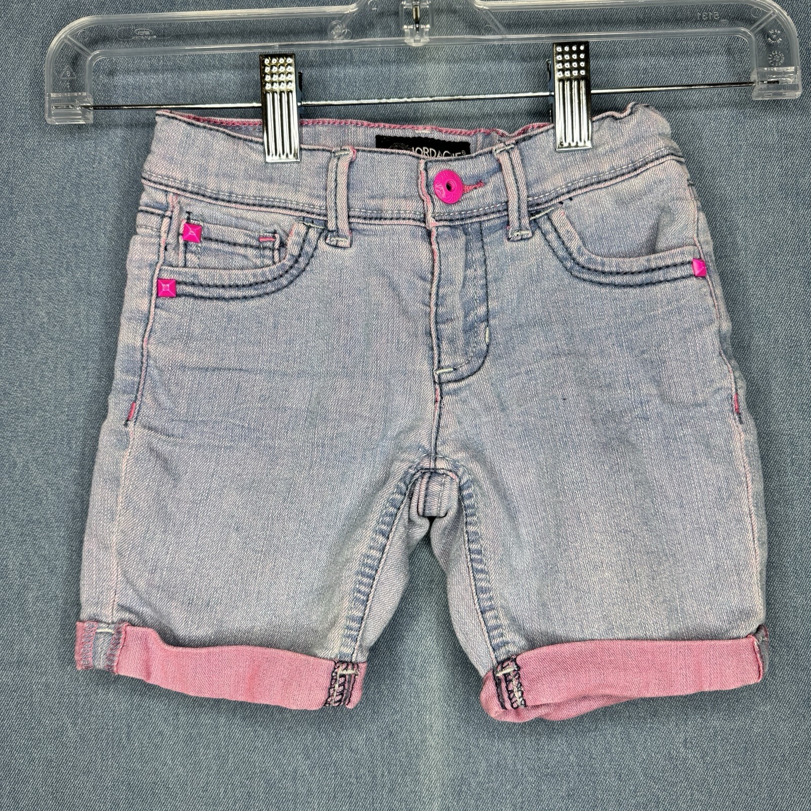 Vintage Jordache Kids Girls Pink Jean Shorts Size 5 Blue 90s Light Wash Studded
