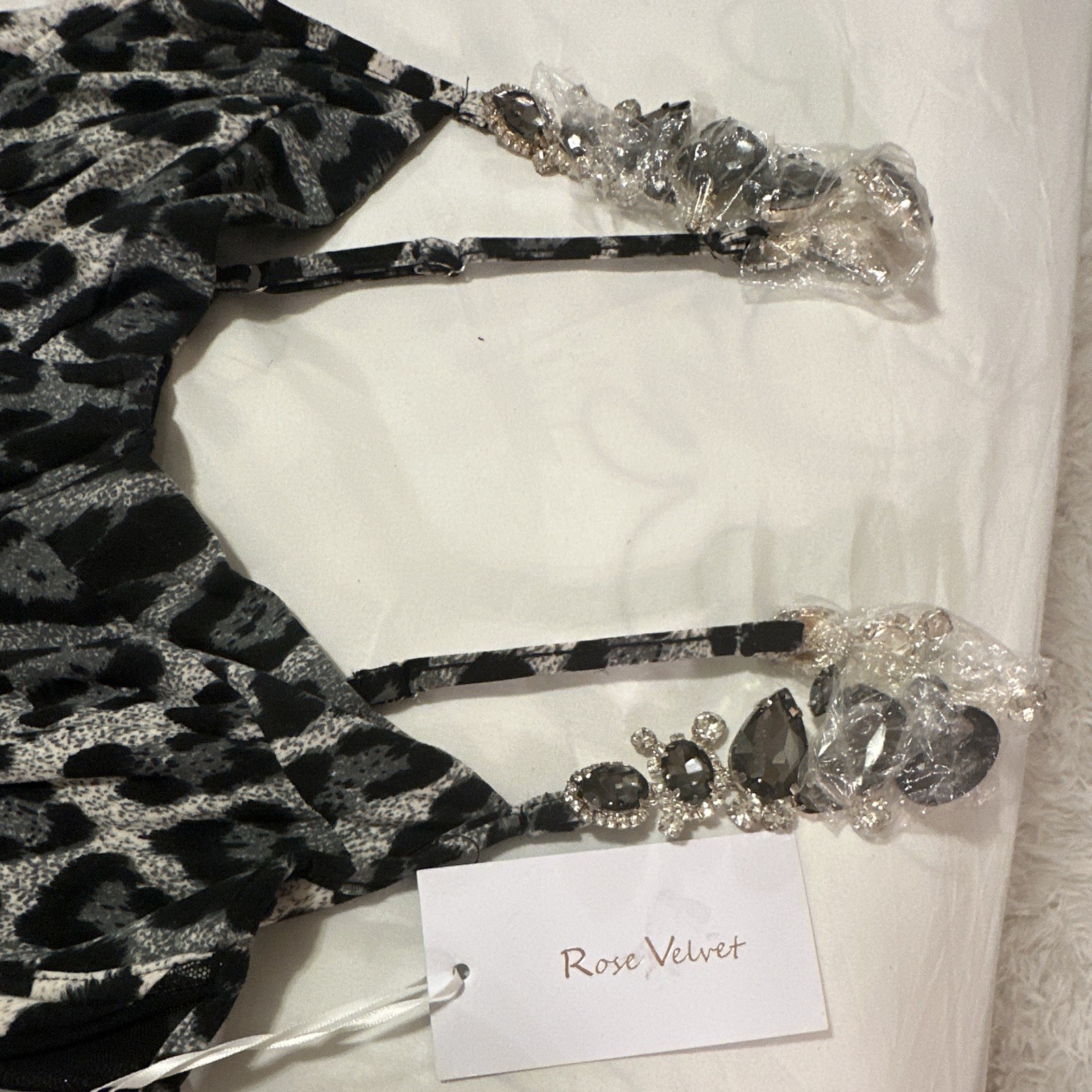 Rose Velvet Gray Black Leopard Velvet Scoop Neck Strappy Mini Dress M