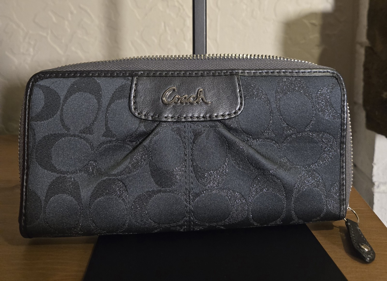 Coach Signature Logo Zip-Around Wallet, Gray, Purple Lining 7.75 x 4