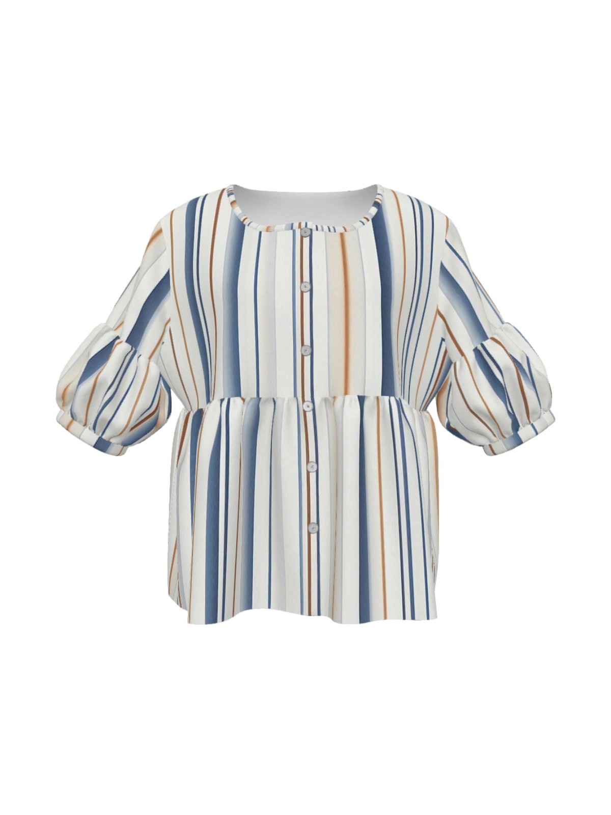 Short Puff Sleeve Crew Neck Button Shirt Light Breathable Cozy Daily Wear Blouse