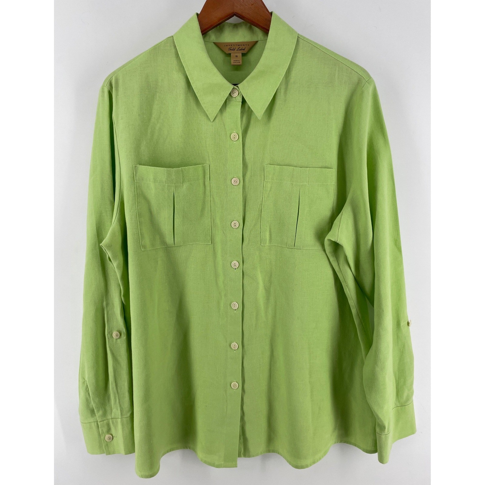 Investments Gold Label Button Front Top Womens 18 Lime Green 100% Hemp Spring