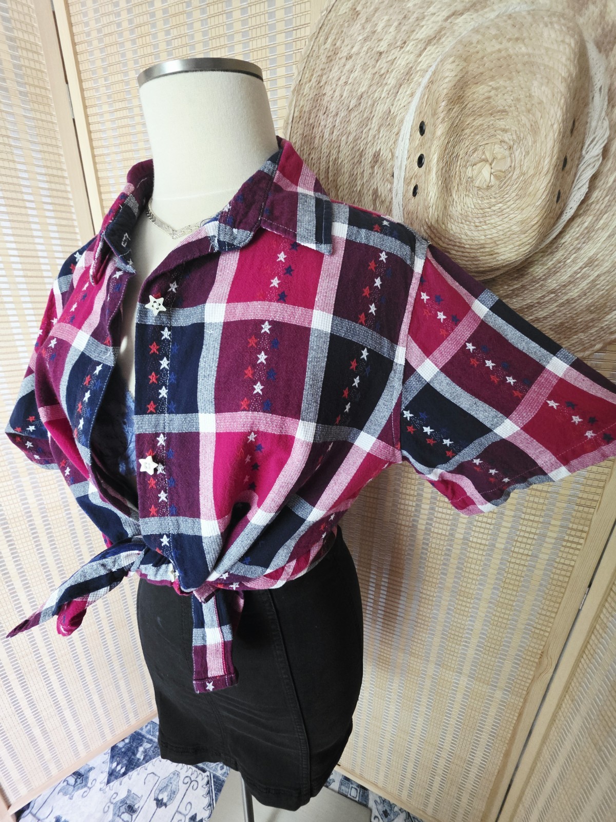100% Cotton Red White & Navy Blue Plaid Shirt w/ Embroidered Stars, Star Buttons