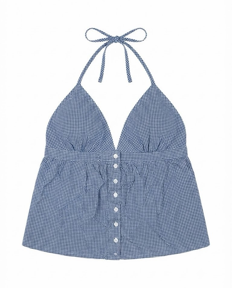Hollister Women’s Blue White Gingham Halter V-Neck Button Front Tank Top L