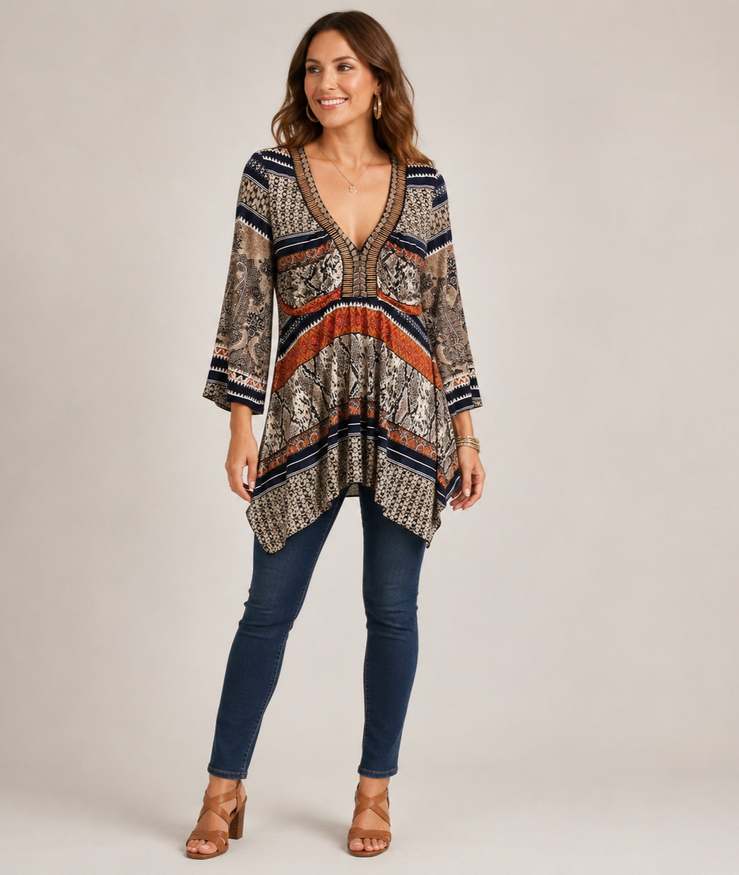 Boston Proper Blouse Womens Small Tan Black Orange Beaded Collar Festival Boho
