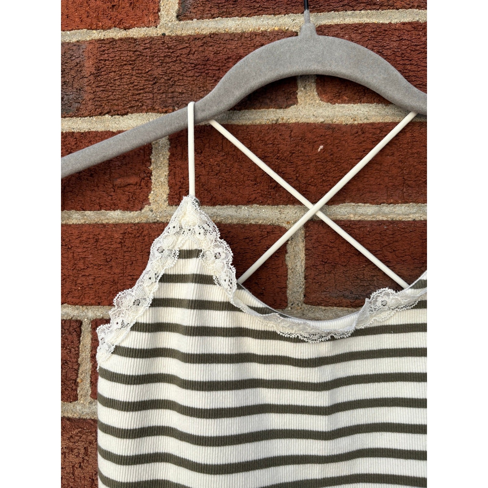 American Eagle Lace Trim Striped Cami Tank Top XS Olive Ivory Y2K Cottagecore