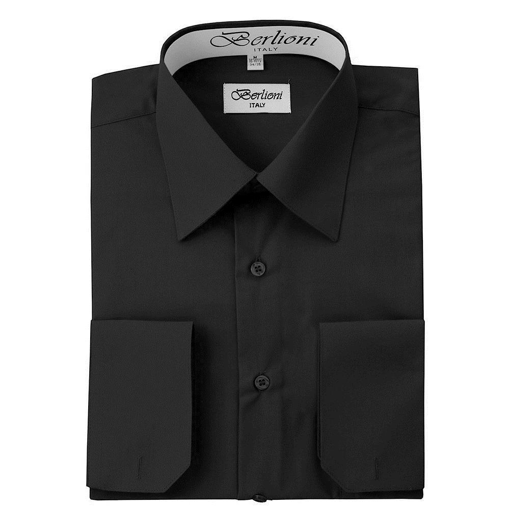 Berlioni Italy Men’s Premium French Convertible Cuff Solid Dress Shirt Black