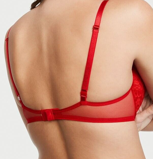 38D Red FLORAL LACE w Mesh Wings Extreme Lift Victorias Secret Plunge PU UW Bra