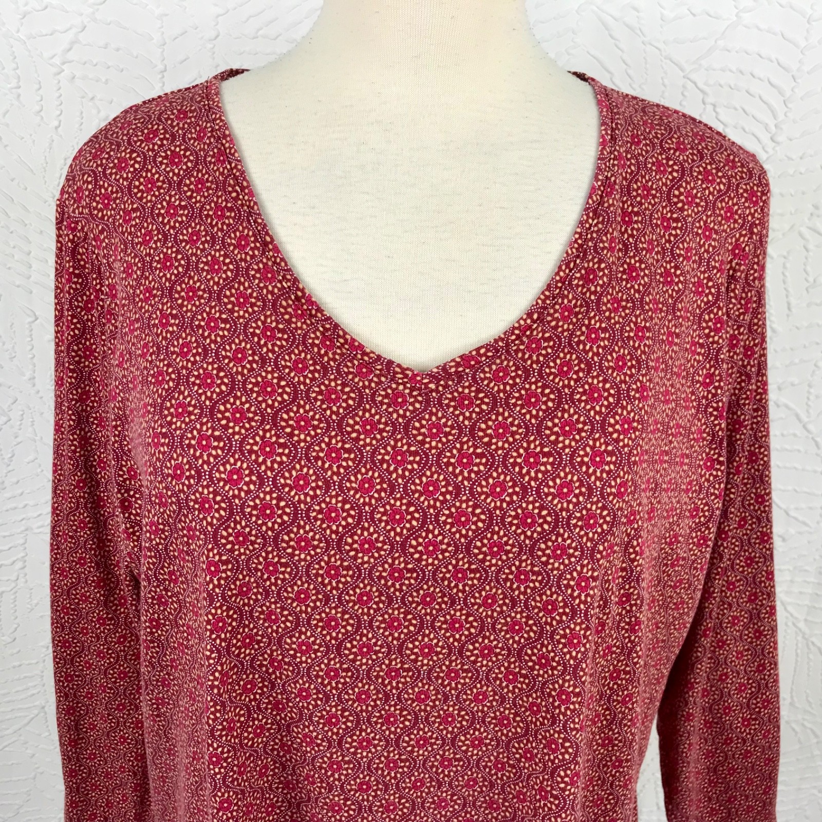 Croft & Barrow Classic Top Tee Shirt 2X Burgundy Geo Long Sleeve 100% Cotton