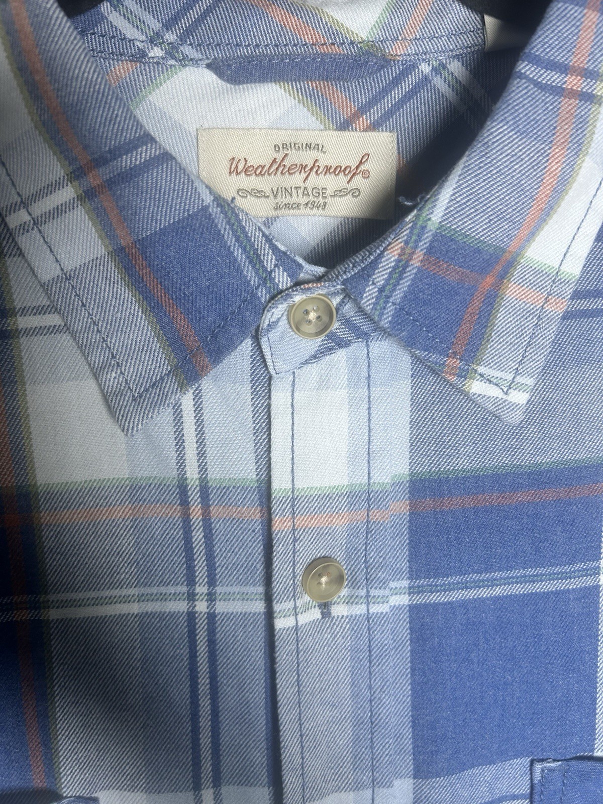 Original Weatherproof Vintage Mens Blue Plaid Flannel Shirt Long Sleeve, Large