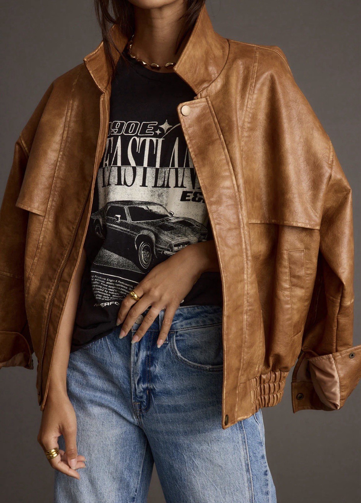 12th Tribe London Calling Cognac Oversized Faux Leather Jacket Size Small