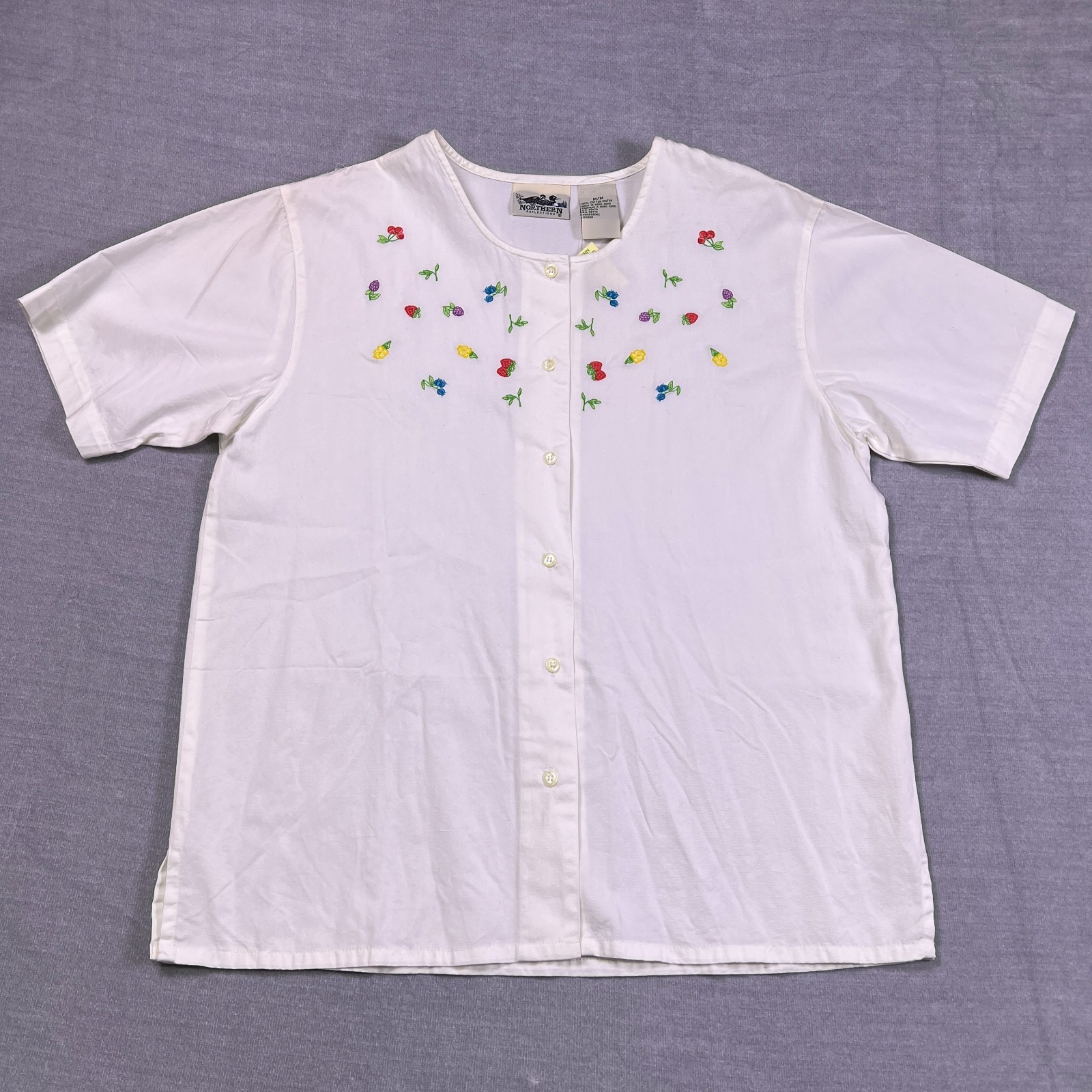 Northern Reflections Womens White Floral Embroidery Short-Sleeve Shirt Size M