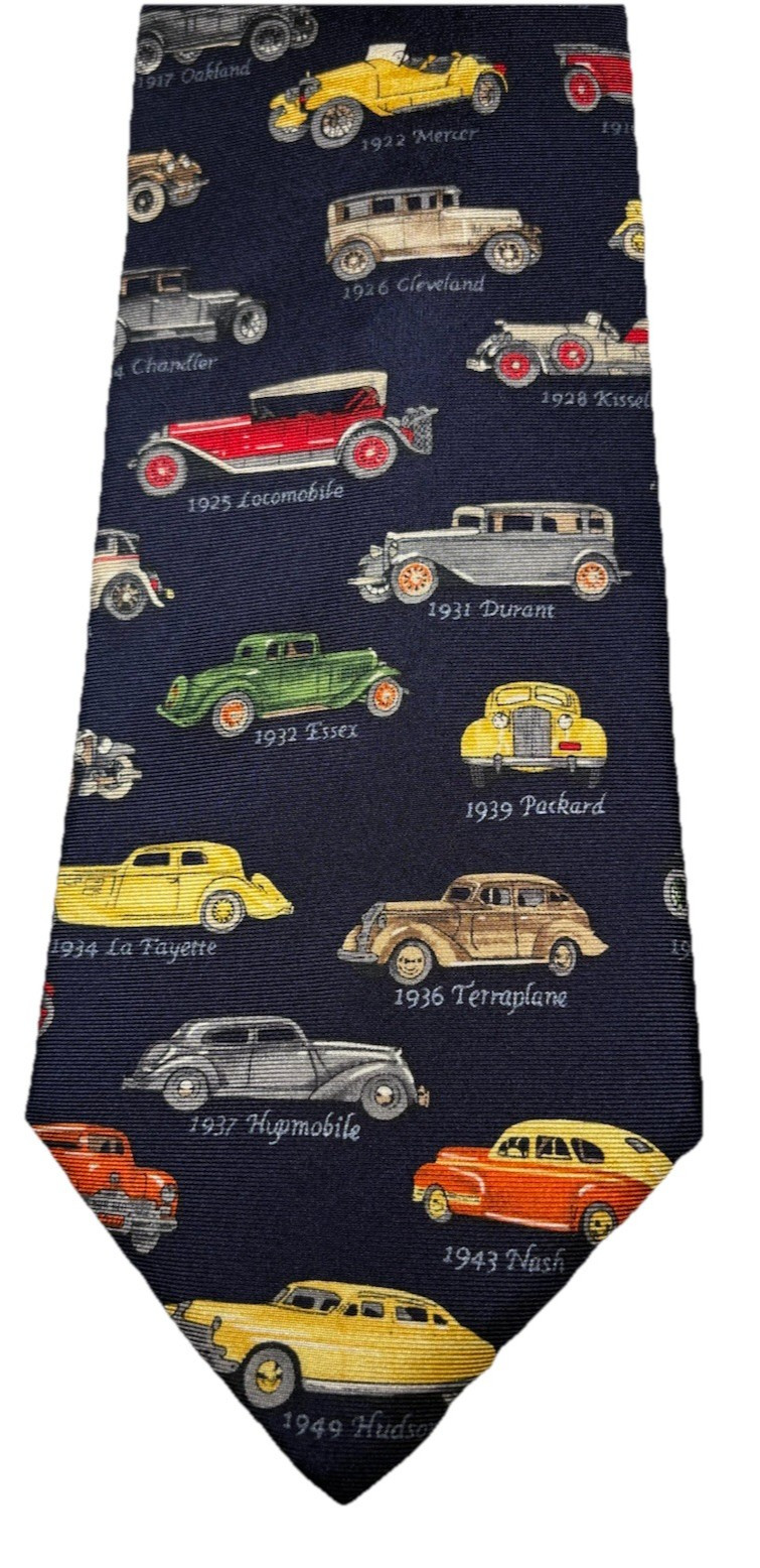 Antique Cars Silk Tie by Alynn Neckwear Dark Navy Blue Made in USA 56″ x 3-3/4″