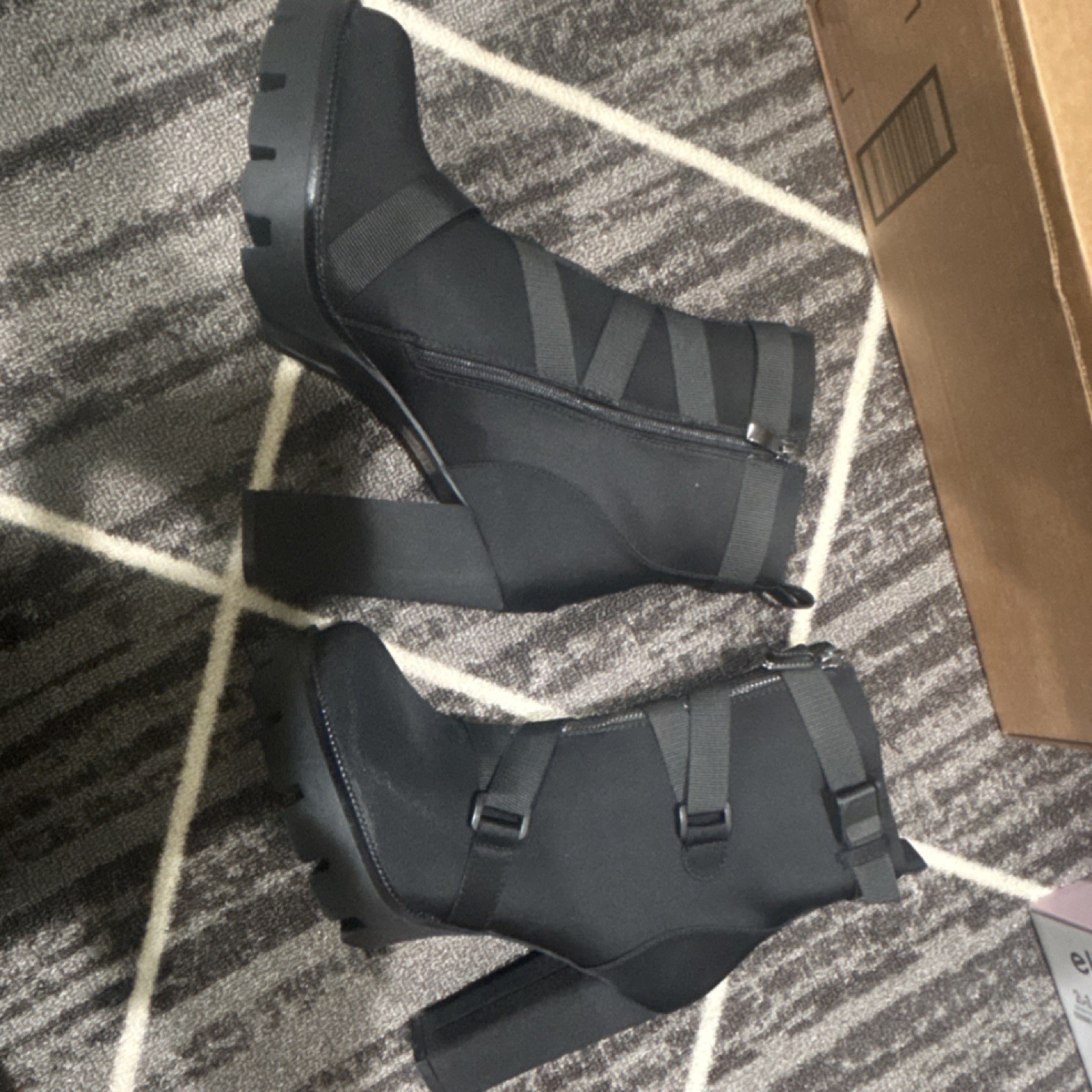 Women’s Black Ankle Booties Straps Zip Closure Round Toe Synthetic Rubber Sole