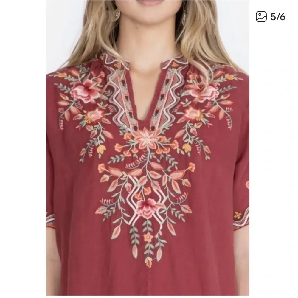 Johnny Was Alise 100% Ramie Embroidered V-Neck Mini Dress in Maroon size:L