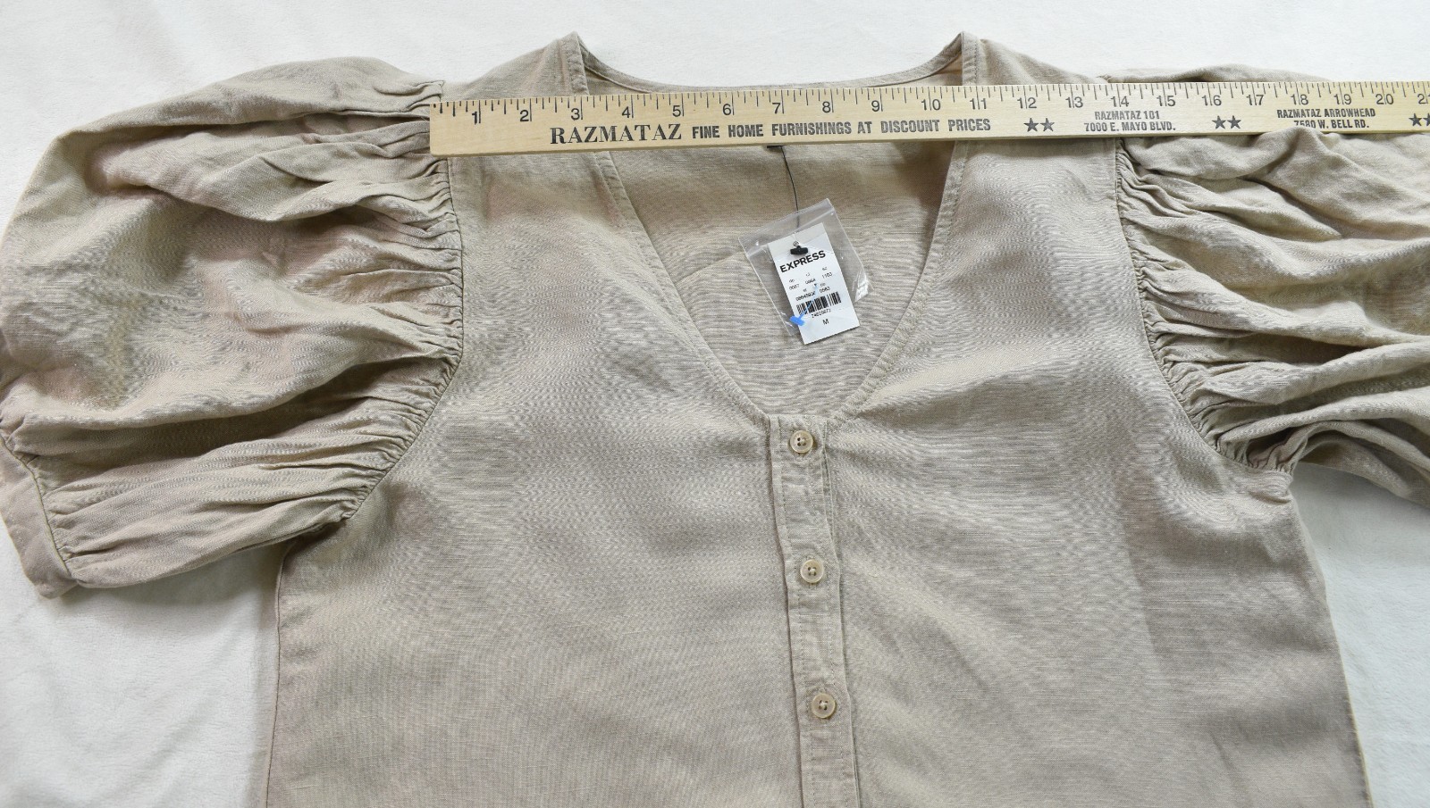 New Express Blouse Tan Linen Balloon Sleeve Shirt V Neck Button Top Boho Women M