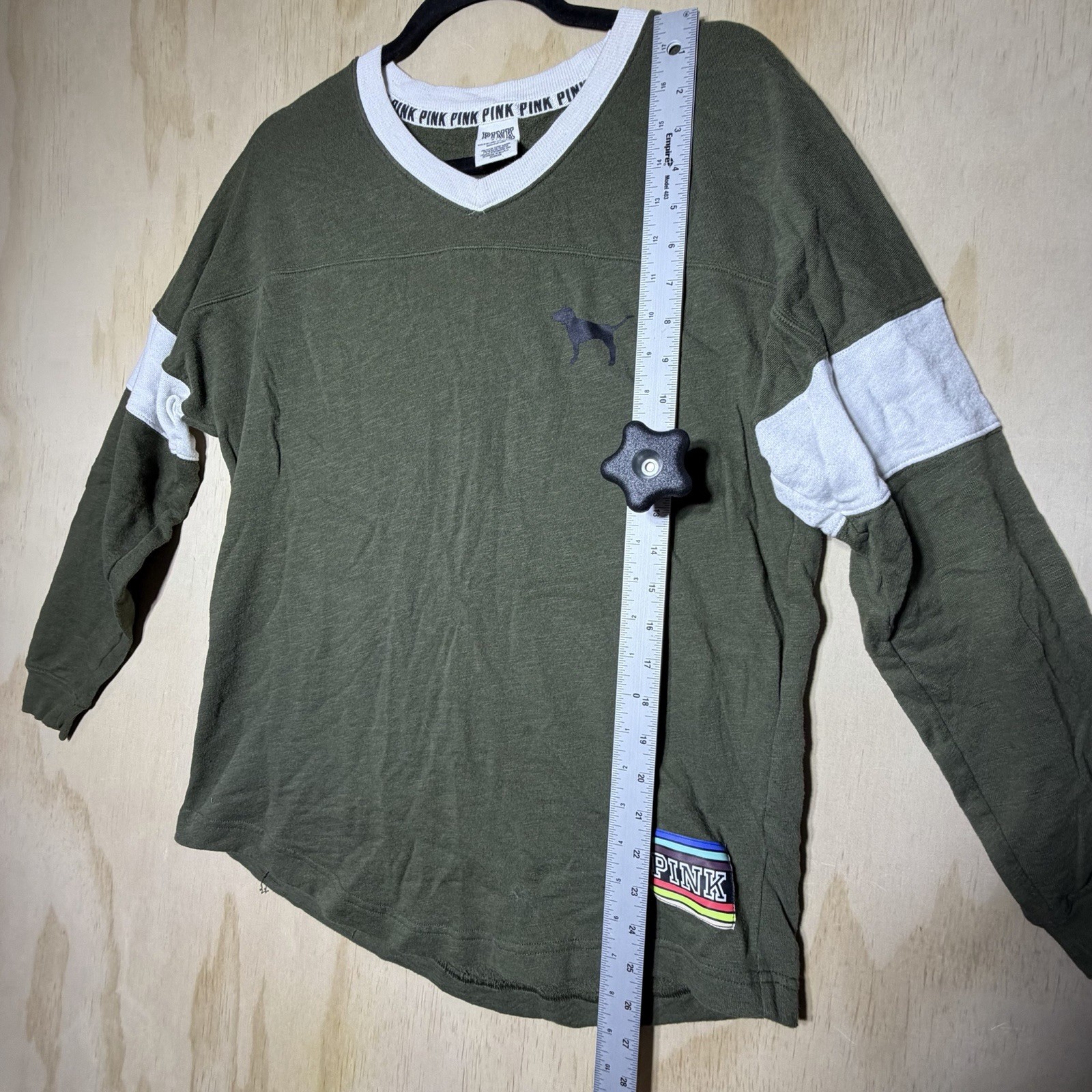 PINK Victoria’s Secret Olive Green Long Sleeve V Neck Top Rainbow Logo S