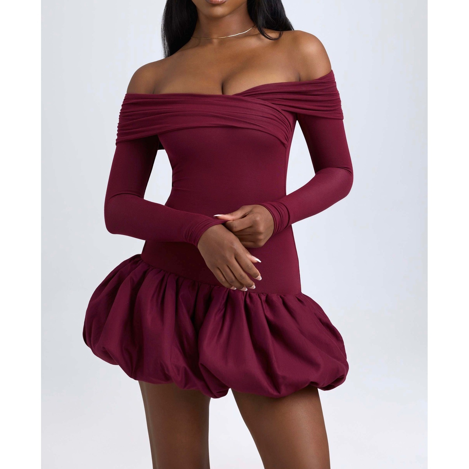 Oh Polly Wine Red Off Shoulder Long Sleeve Bubble Hem Mini Dress XXS Burgundy
