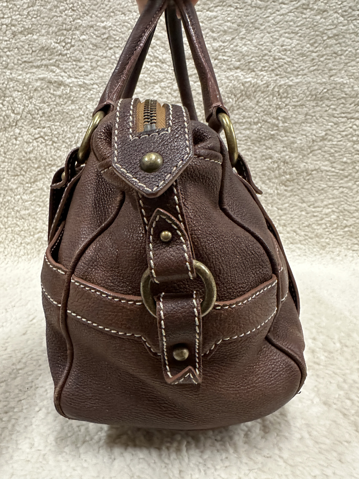 Celine Brown Leather Handbag Handle Purse Satchel Horse Buggy Logo Dust Bag Tags