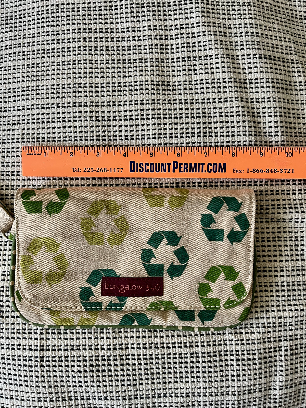 Bungalow 360 Wristlet Clutch, Hand Strap, Canvas, Recycle Logo Print, Peace Pull