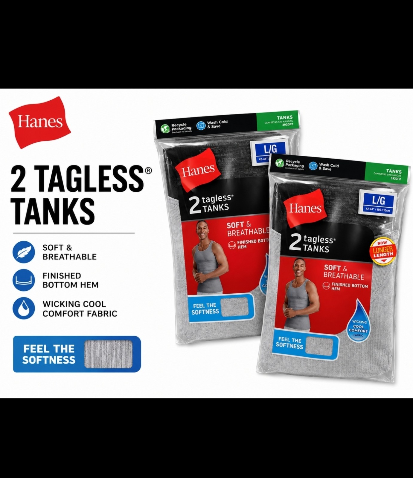 Hanes Tagless Breathable Ribbed Cotton Tank Undershirts Gray L/G 2-Pack 3920P2