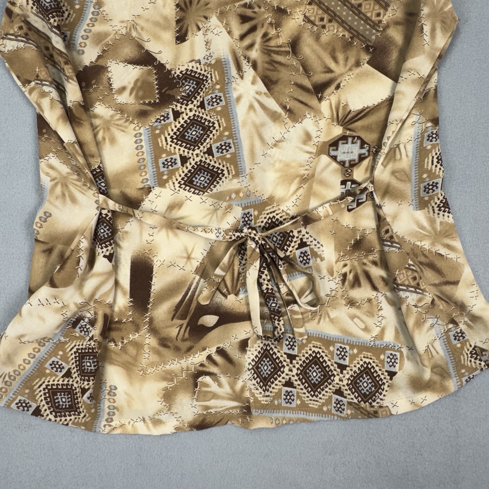 Vtg Y2K Dress-U Sharon Boho Ruffle Blouse Size 12 Tan Geometric Eclectic