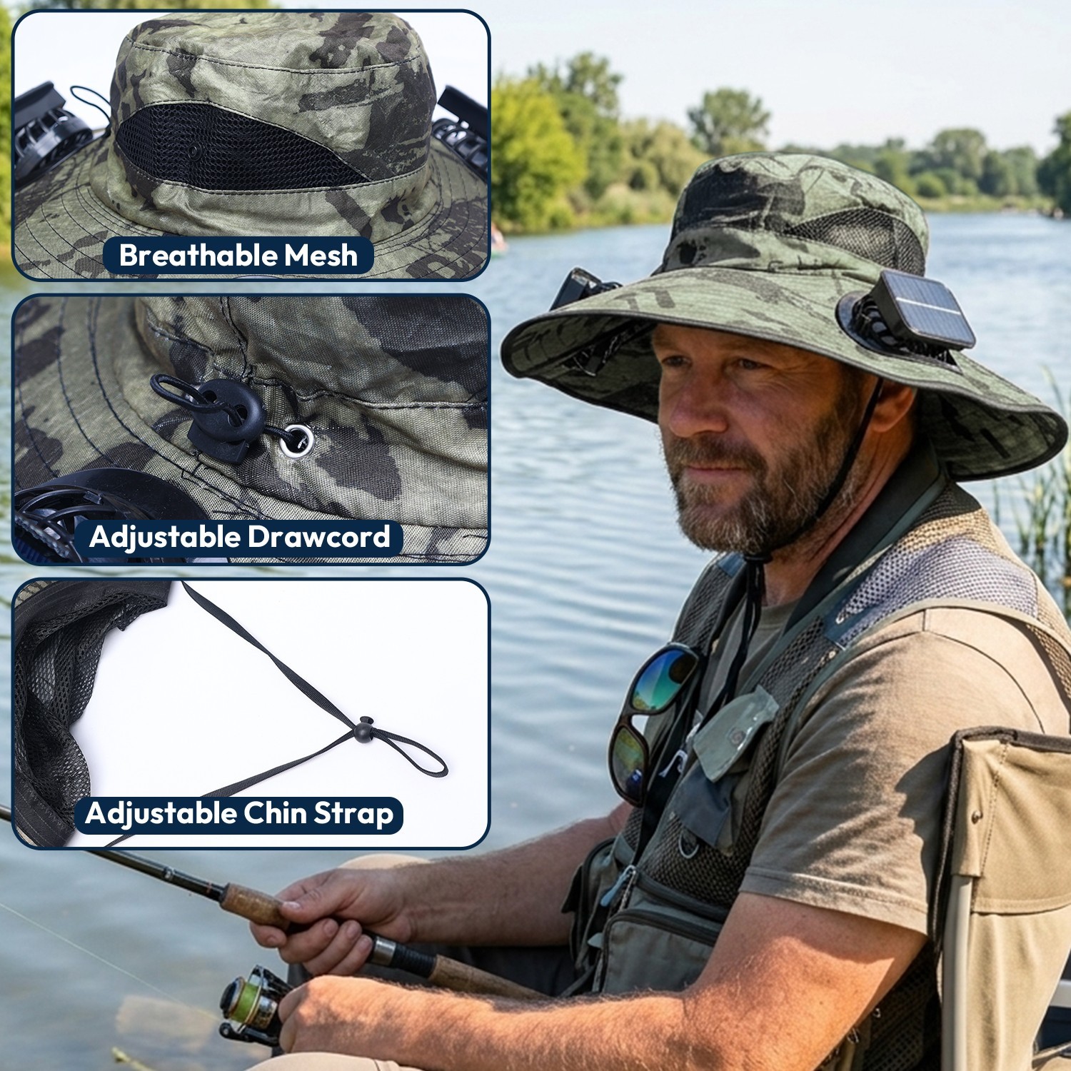 2026 NEW Wide Brim Sun Fishing Hat with 3 Solar & USB Powered Fan UV Protection