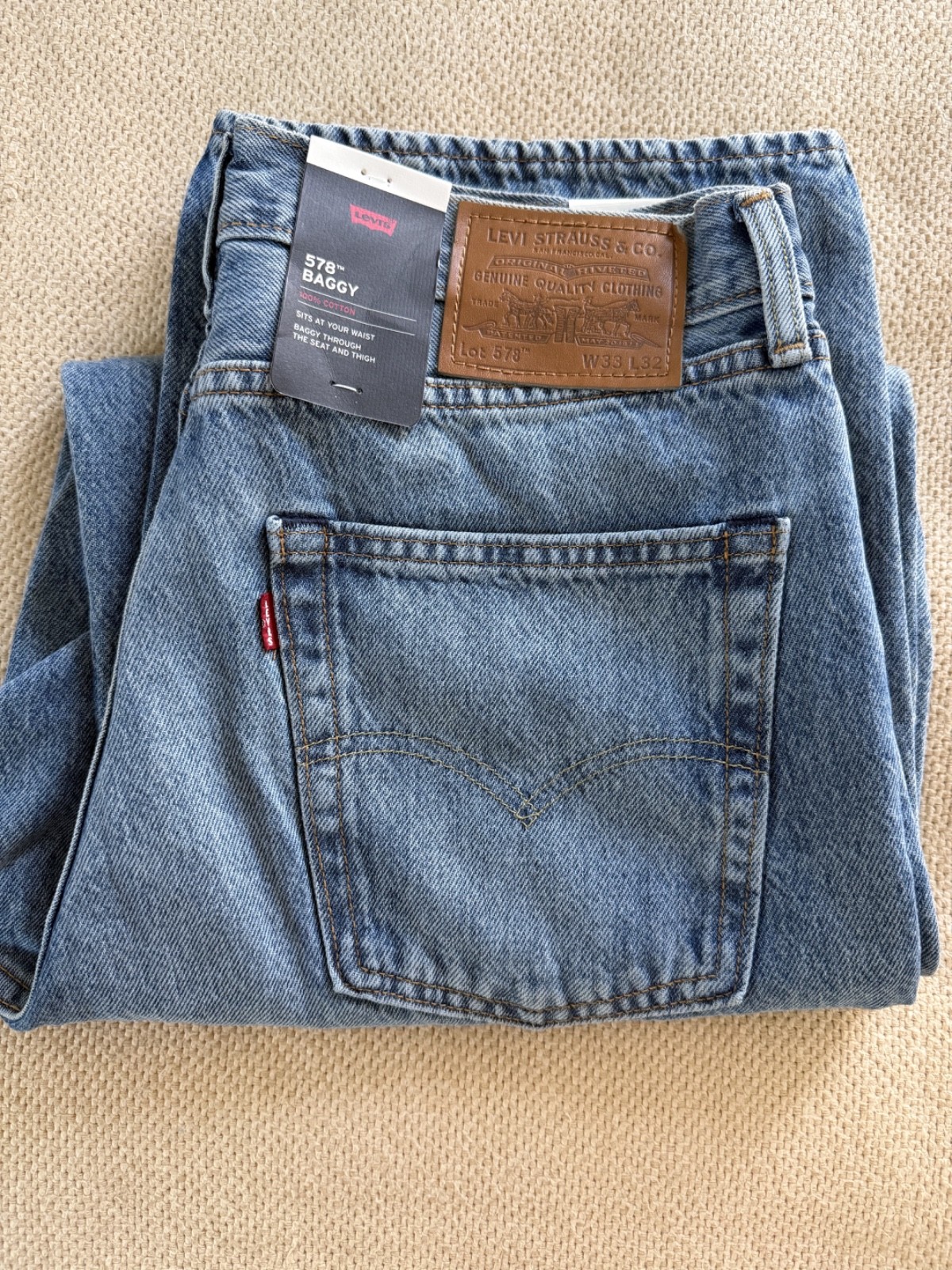 Levi’s Premium 578 Baggy Jeans Mens 33×32 Light Wash Distressed Blue Denim NWT