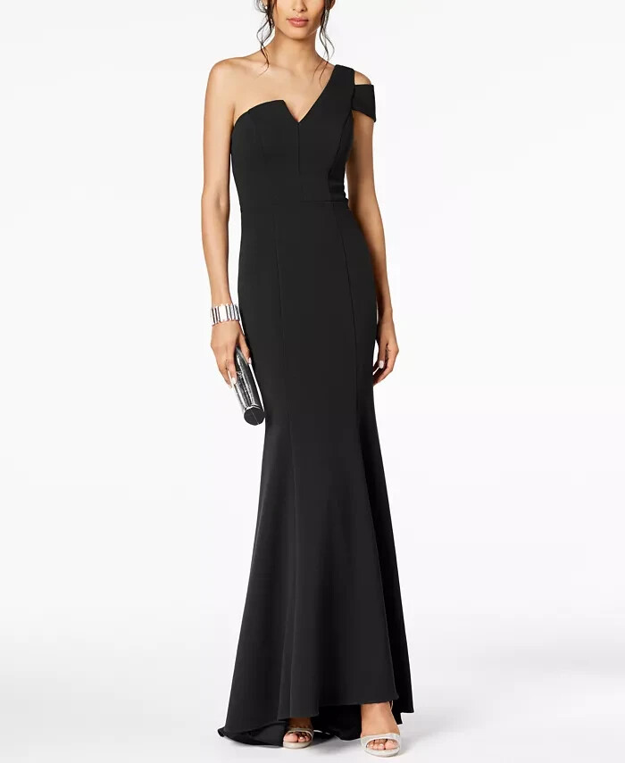 Betsy & Adam Black One-Shoulder Scuba Crepe Gown Size 12 $239