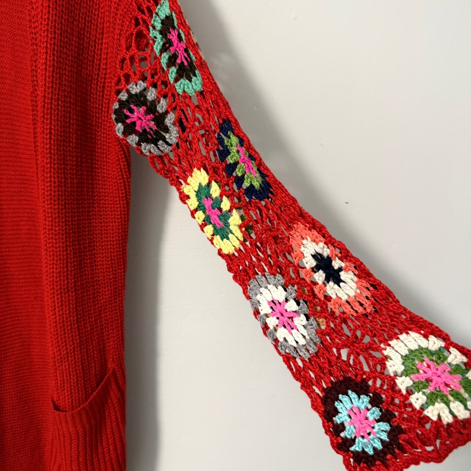 Blakeley Red Crochet Granny Square Sleeve Open Front Cardigan Sweater OS Womens