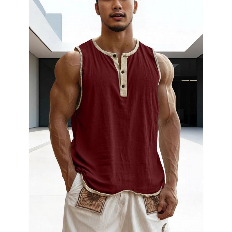 Men’s Sleeveless Henley Tank Top Casual Gym Workout Muscle Shirt Summer Vest