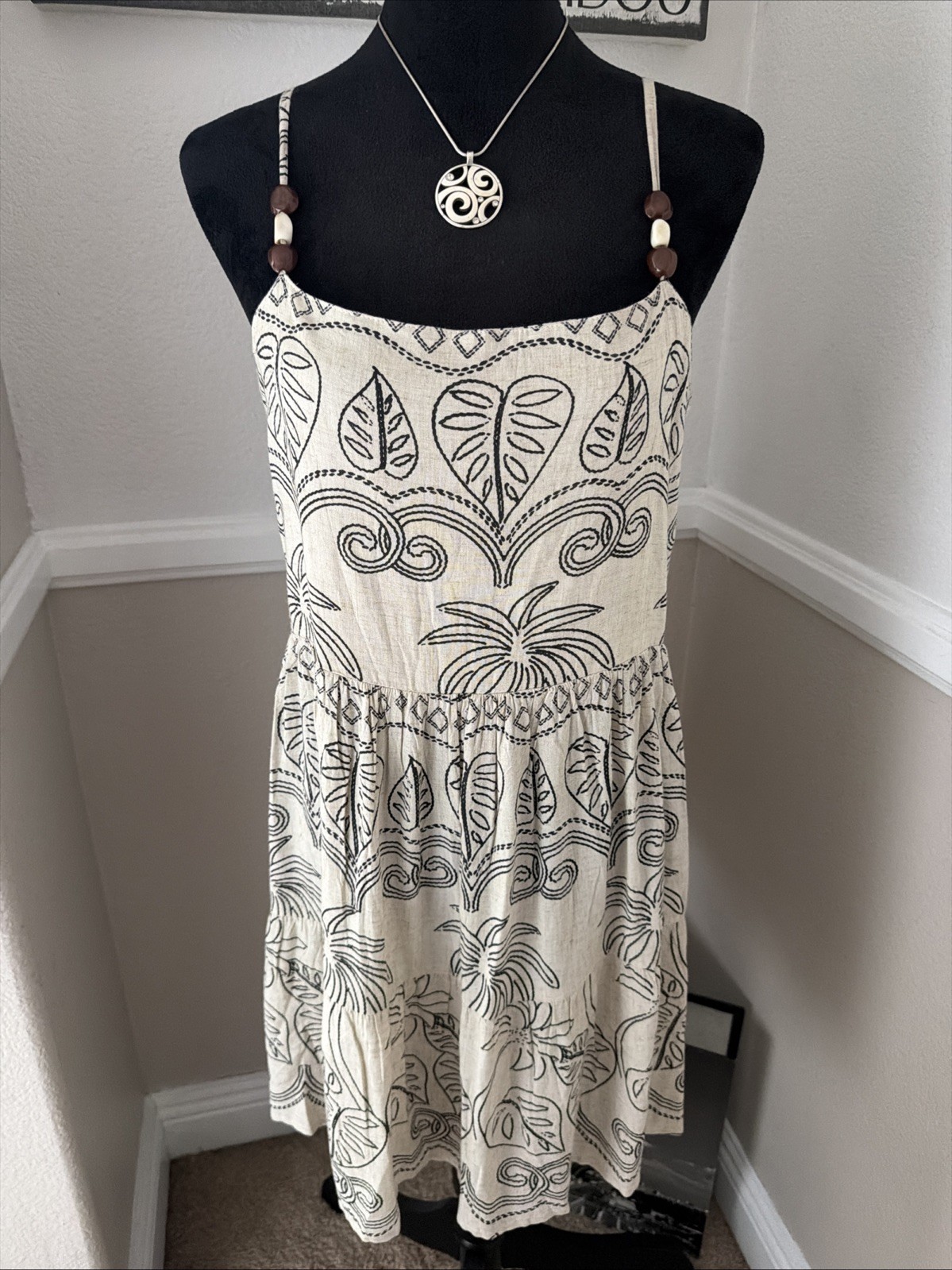NWT Blue Island Tropical Boho Linen Blend Mini Dress Coverup Neutral Open Back M