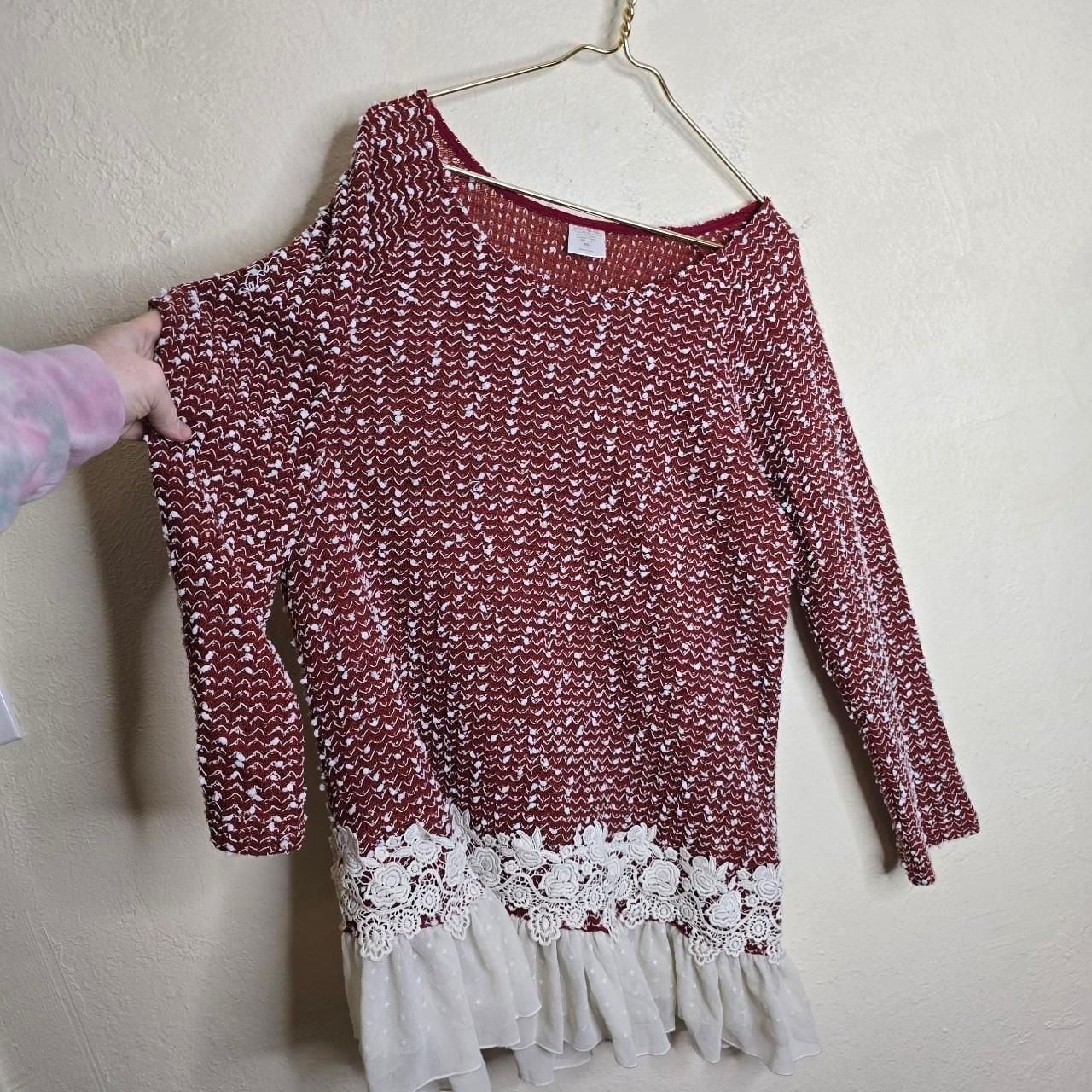 Burgundy Popcorn Knit Lace Ruffle Tunic Dress