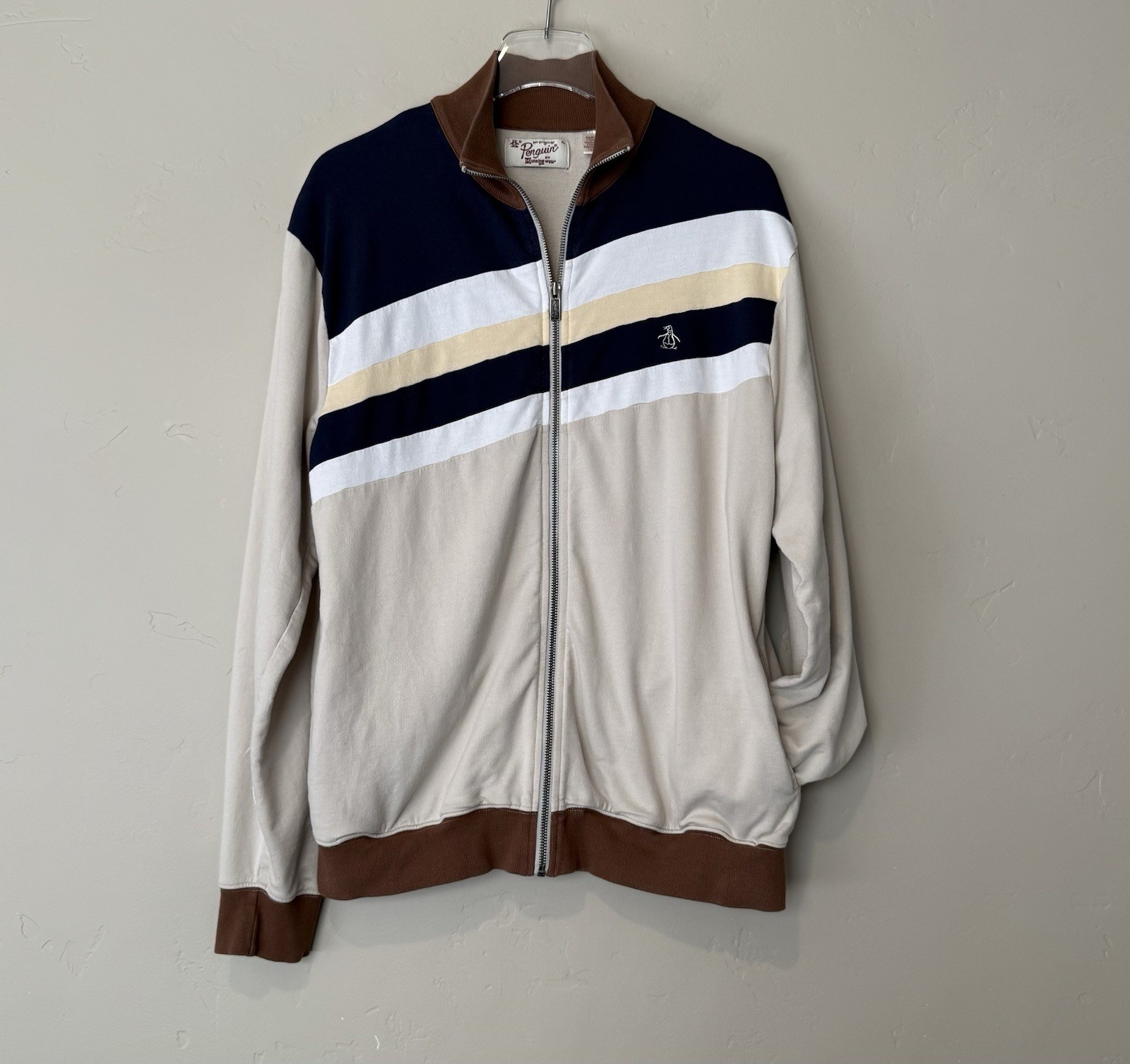 Original Penguin Jacket Mens XL Beige Navy Stripe Full Zip Track Colorblock