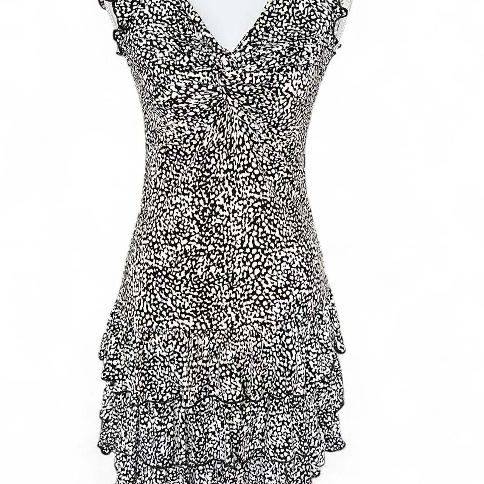 Morgan de Toi Y2K Black White Ruffle Mini Dres XS Ruched V Neck Tiered Skirt