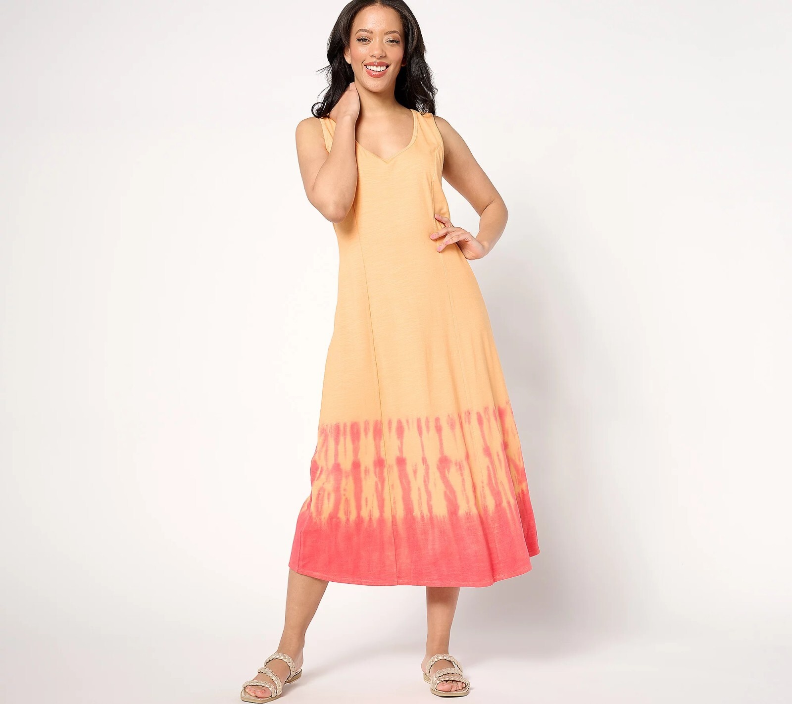 NWT ANYBODY PETITE SLUB KNIT DIP DYE SHIBORI MIDI DRESS, APRICOT, MED