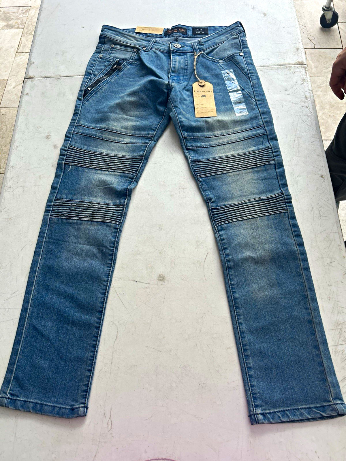 Ring of Fire “Transport” slim fit moto jeans in a medium blue wash